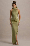 Maureen Light Green Satin High-Neck Draped Maxi Dress