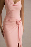 Lucena Pink Cowl-Neck Wrap Maxi Dress With Floral Drape