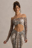 Kelsie Snake Print Mesh Bardot Crop Top