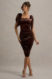Tarna Brown Velvet Midi Dress With Bow Straps