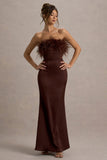 Dress For It Brown Satin Feather Trim Bandeau Maxi Dress