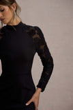Chandra Black Mesh Long-Sleeve Midi Dress With Ruffle Hem