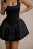 Bramble Black Satin Square-Neck Puffball Mini Dress