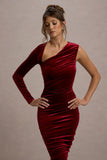 Northern Light Berry Velvet Asymmetric One-Sleeved Midi Dress