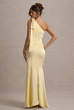Here For Love Lemon Satin Asymmetric Maxi Dress With Bow