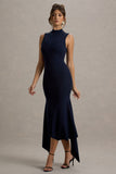 Janice Navy High-Neck Hanky-Hem Maxi Dress
