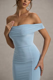 Law of Attraction Powder Blue Bardot Draped Split Maxi Dress
