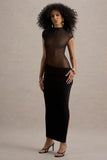 Asia Black Sheer Short-Sleeve Draped Maxi Dress