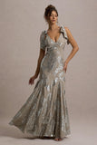 Lula Champagne Metallic Plunge-Neck Maxi Dress With Bow Straps