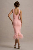 Titania Pink Twist-Neck Feather Hem Midi Dress