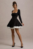 Azelie Black & White Square-Neck Floral-Trim Mini Dress