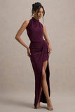 Hayden Burgundy High-Neck Draped Split Maxi Dress