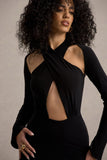 Gita Black Halter-Neck Long-Sleeve Maxi Dress