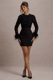 Charli Black Mesh Long-Sleeve Feather-Trim Mini Dress