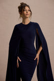 Marysol Navy Asymmetric Cape Midi Dress