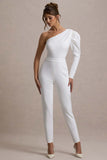 San Jose White One-Shoulder Puff-Sleeve Jumpsuit