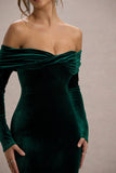Compliment Bottle Green Velvet Bardot Midi Dress