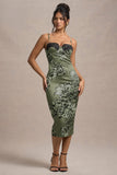 Soprano Olive Floral Print Satin Sweetheart Lace Trim Midi Dress
