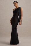 Here For Love Black Satin Asymmetric Maxi Dress With Bow