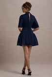 Alva Navy High-Neck Short-Sleeve Mini Dress With Volume Skirt