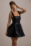 Carena Black Sequin Lace Floral Skater Mini Dress