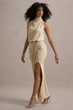 Hayden Sand High-Neck Draped Split Maxi Dress
