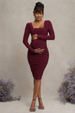 New Life Burgundy Maternity Square Neck Ruched Midi Dress