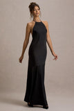Frida Black Satin Halter-Neck Backless Maxi Dress