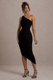 Dorit Black One Shoulder Asymmetric Ruched Midi Dress