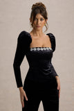 Tazmin Black Velvet Embellished Square-Neck Top