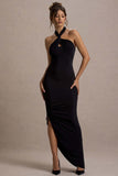 Jaiya Black Ruched Halter-Neck Asymmetric Maxi Dress