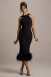 Titania Black Twist-Neck Feather Hem Midi Dress