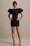 Delaney Black Puff-Sleeve Mini Dress With White Bow