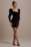 Kiss Of Midnight Black Velvet Puff-Sleeve Mini Dress With Bow