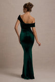 Candela Bottle Green Velvet Asymmetric Bardot Maxi Dress