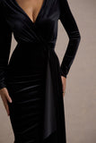 Arcadia Black Velvet Plunge-Neck Wrap Midi Dress