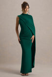 Maeve Bottle Green Cape-Sleeve Draped Maxi Dress