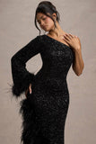 Shadow Black Sequin One-Shoulder Feather Trim Maxi Dress
