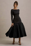 Perpetua Black Drop-Waist Midi Dress With Volume Skirt