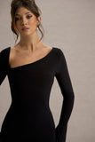 Serenita Black Asymmetric Long-Sleeve Midi Dress