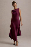 Donelli Plum Satin Asymmetric Midi Dress