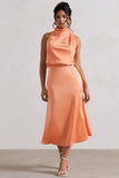 Geena Peach Satin Twisted High-Neck Midi Dress