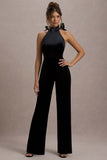 Alondra Black Velvet High-Neck Straight-Leg Jumpsuit