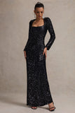 My Dream Black Sequin Square-Neck Long-Sleeve Maxi Dress