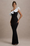 Berkley Black & White Ruffled One-Shoulder Maxi Dress