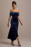 Halia Navy Velvet Bardot Midi Dress