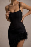 High Status Black Strappy Corset Asymmetric Maxi Dress With Feather Trim