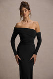 Stand Out Black Bardot Long Sleeve Ruched Maxi With Side Split