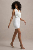 Serenella White Plunge-Neck Draped Mini Dress