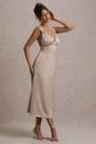 Beck Champagne Satin Plunge-Neck Cross-Back Midi Dress